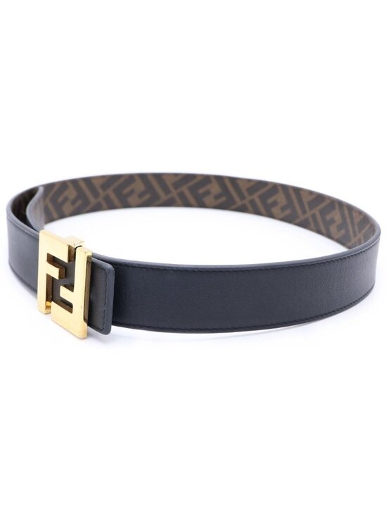 Fendi FF Logo Square Buckle Zucca Pattern Reversible Leather Belt Gold Brown main image 5
